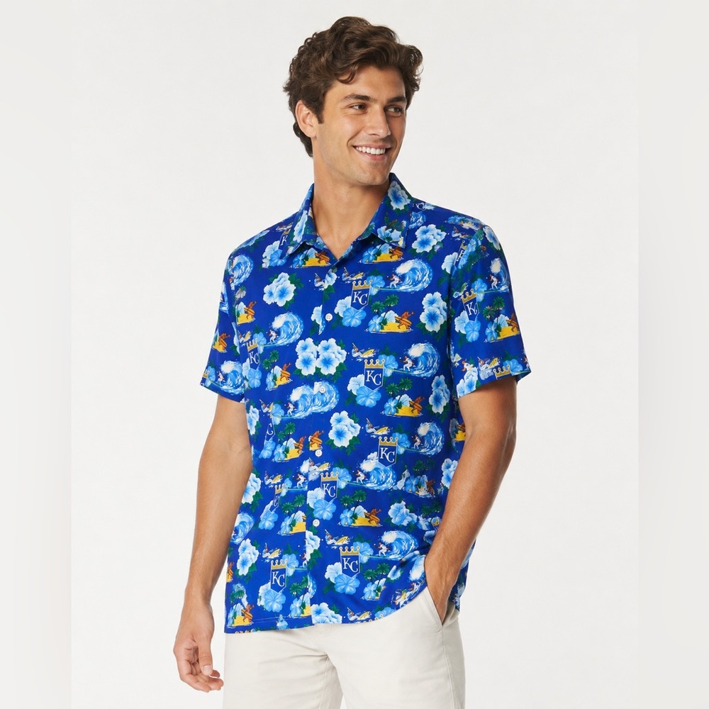 Kansas City Royals Hawaiian Button Up Shirt XL Blue Surf Aloha Polyester MLB